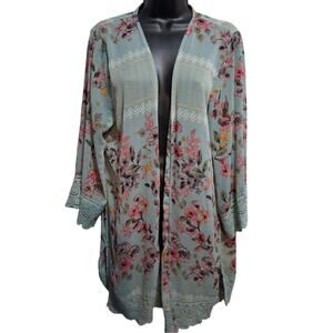 Rewind Kimono XL Blue Floral Crochet Trim Bohemian Cover-up Festival Coachella